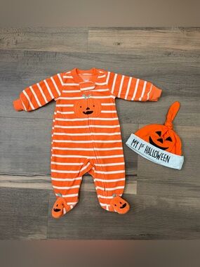Carter's Newborn Striped Halloween Pumpkin Zip Footies & 1st Halloween Beanie